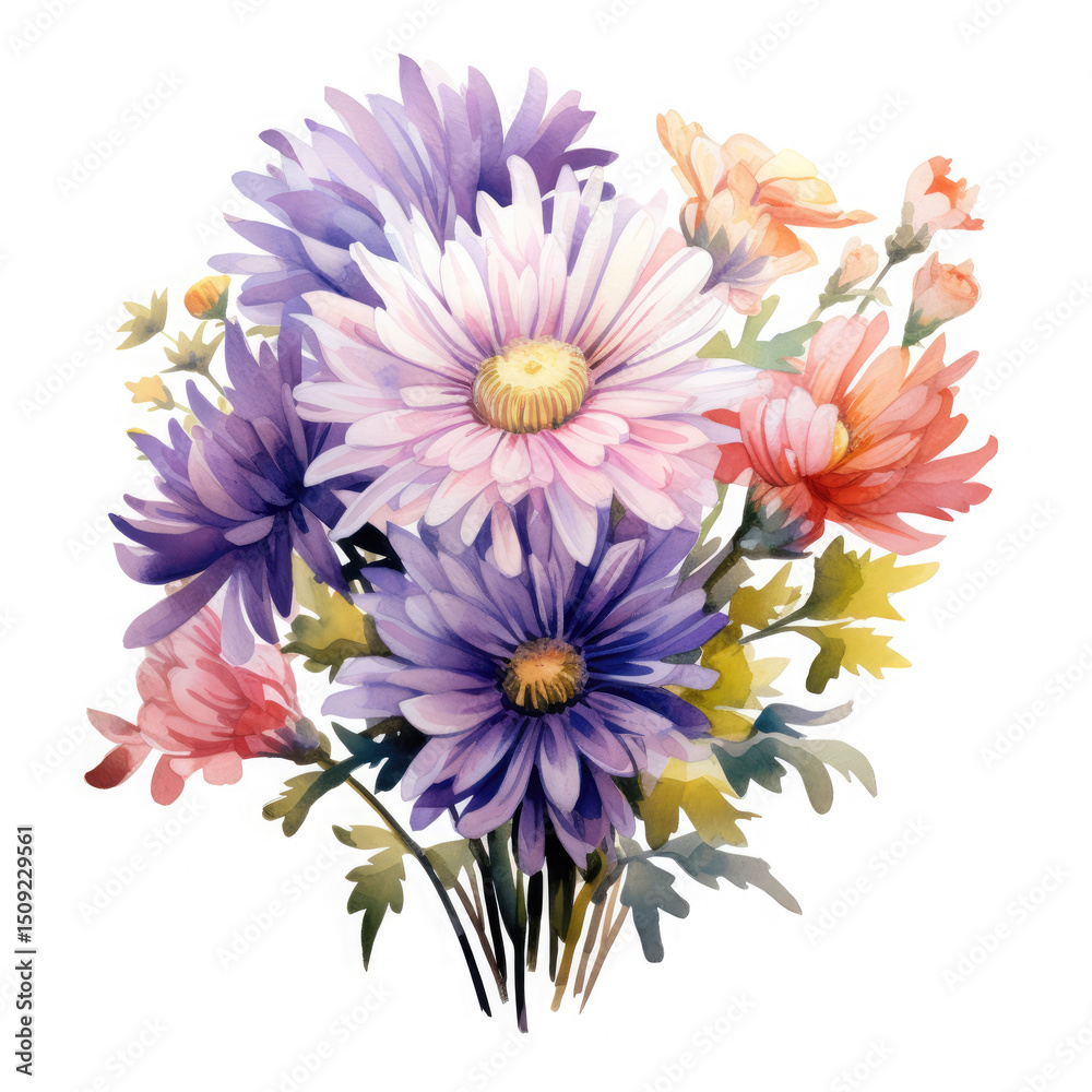 Obraz premium Watercolor Aster Flower Bouquet, clipart Illustration, Generative Ai