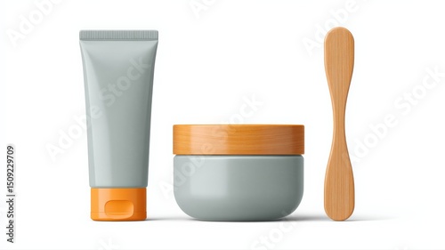 Clean, isolated mockup of skincare products: tube, jar, and wooden spatula.  Perfect for branding and beauty packaging design.  Neutral color palette.