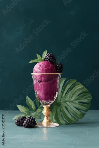 Luxurious blackberry gelato in a golden goblet, adorned with fresh berries and lush monstera leaves.  Perfect for food blogs, dessert menus, or summer promotions. photo