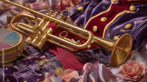 Close-up of a golden trumpet, purple velvet cape, and rose petals. Rich colors, luxurious textures. Ideal for music, drama, or fashion.
