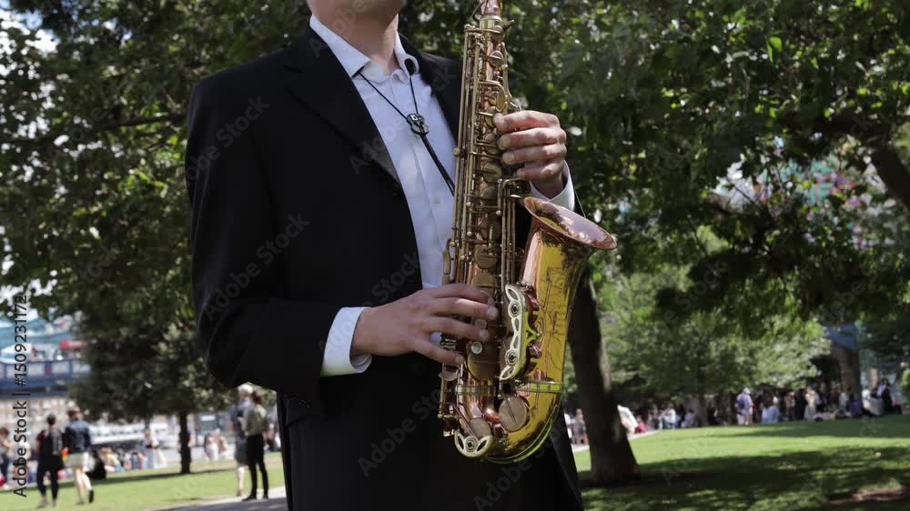 Young saxophonist plays beautiful classical music in the par