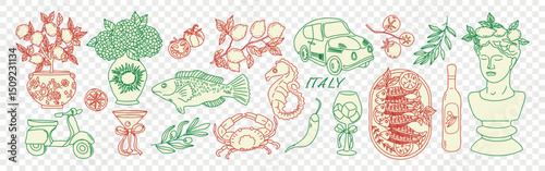 Italy summer vacation illustrations. Hand drawn mediterranean travel beach sticker set. Vector Italian traditional food print, Amalfi coastal aesthetic print, scooter, car, wine glass. 