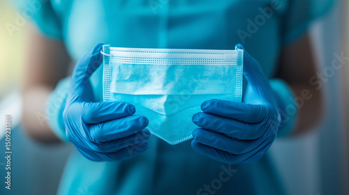 Healthcare professional holding a surgical mask with blue gloves   photo