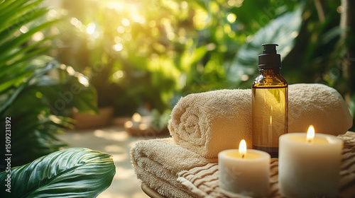 Serene natural self-care ritual setting with soft towels, candles, flowers, and wellness essentials arranged for calming relaxation and peaceful ambiance.