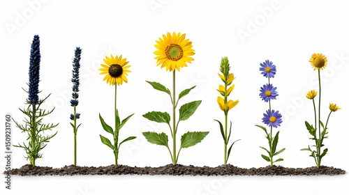Vibrant Yellow and Blue Flowers in Bloom Against White Background