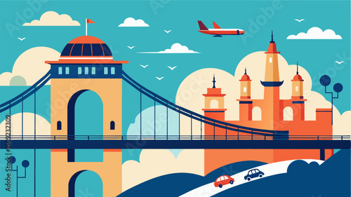 A harmonious blend of old and new as traditional terrestrial traffic flows beneath while futuristic eVTOLs soar above a timeless grand bridge showcasing the evolution of. Vector illustration