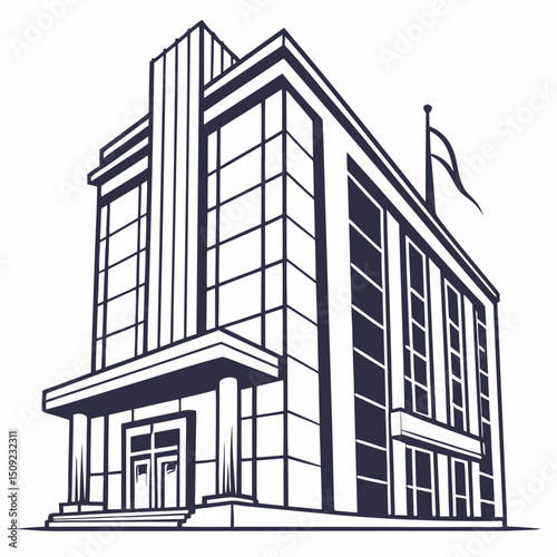 Monochrome Vector Illustration of a Government Building with Flagpole and Columns