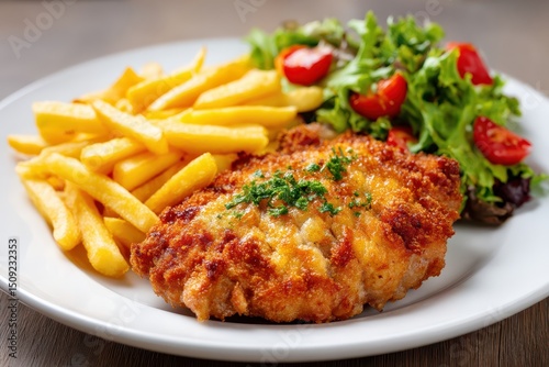Cordon Bleu Teller Pommes Frites Salat Beilage Panierte Schnitzel Käse Schinken Füllung Hausmannskost Mittagessen Klassisch Knusprig Gebraten Restaurant Gericht Rustikal Nahaufnahme