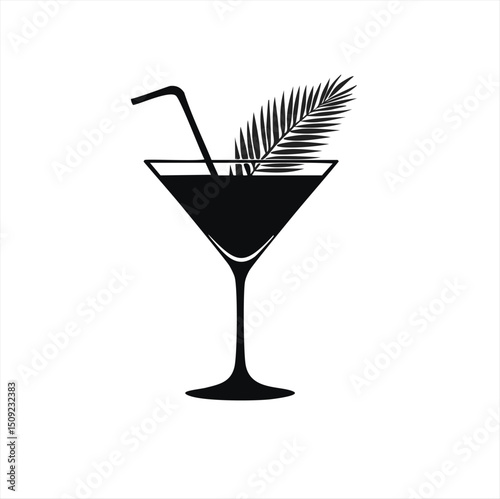 Tropical cocktail silhouette martini glass palm leaf straw
