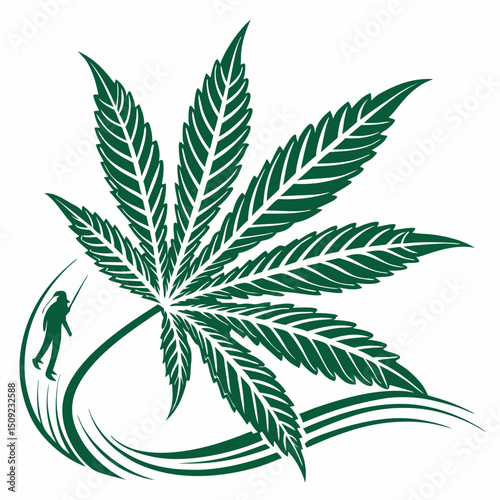 Green Cannabis Leaf with Fisherman Silhouette and Abstract Water Design