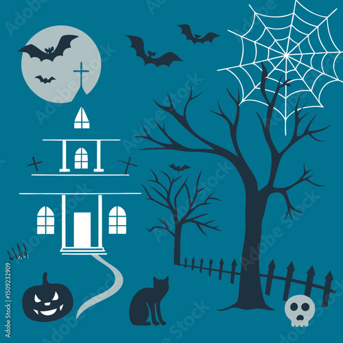 set of silhouettes for halloween design on white background simple detailed traced