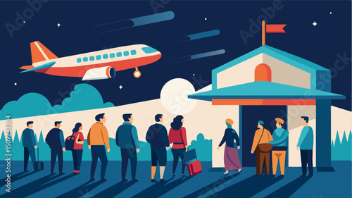 A bustling crowd of travelers line up to board the air taxis eager to begin their journey to the spaceport and beyond.. Vector illustration