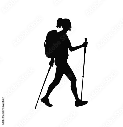Woman hiking silhouette backpack trekking poles outdoors