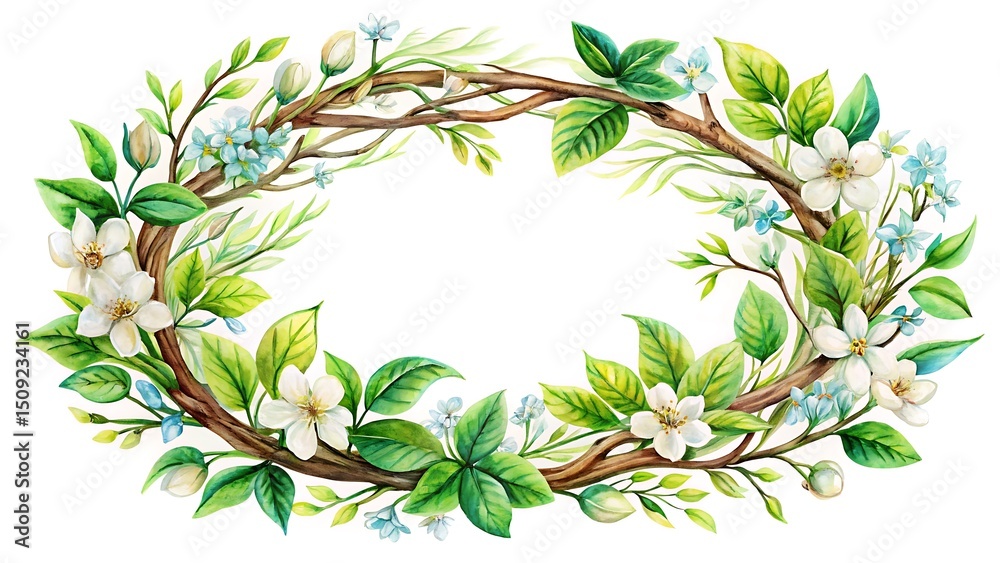 Naklejka premium Watercolor Floral Wreath with White and Blue Flowers Green Leaves and Brown Branches Perfect for Invitations and Greeting Cards