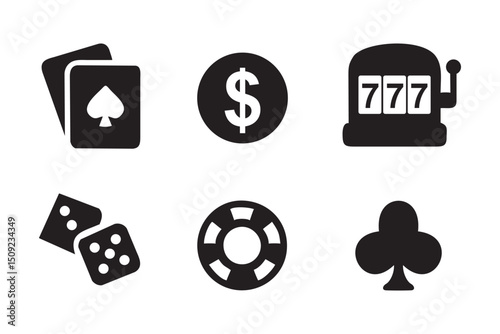 Set of Casino and Gambling Silhouettes Including Slot Machine, Poker Chips, Dice and Playing Cards