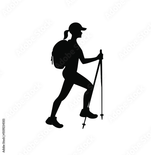Woman hiking silhouette backpack trekking poles outdoors