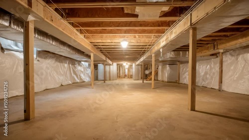 Unfinished basement interior with exposed wooden beams and white plastic sheeting on the walls showing construction elements.