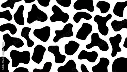 Vector cow seamless pattern. Black and white animal skin texture background. Cartoon irregular spots wallpaper. Abstract doodle shapes. Illustration for print, package, surface design. 