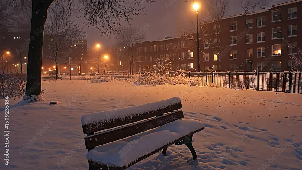 Snowy park bench at night in residential neighborhood