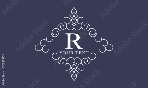 Luxury logo in vintage style with letter R in the center. Linear vector monogram, frame, label, emblem with ornament for boutique or hotel design.