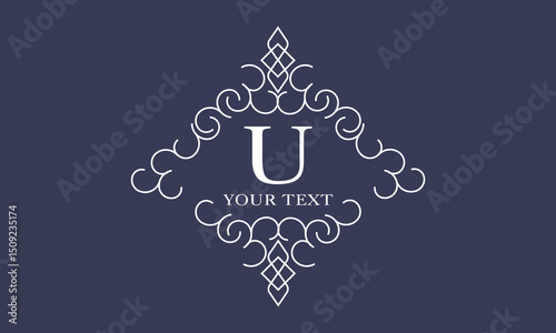 Luxury logo in vintage style with letter U in the center. Linear vector monogram, frame, label, emblem with ornament for boutique or hotel design.