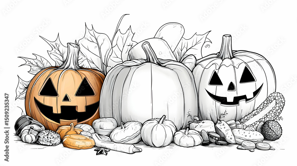 Fototapeta premium Halloween Pumpkins Illustration Line Art Drawing