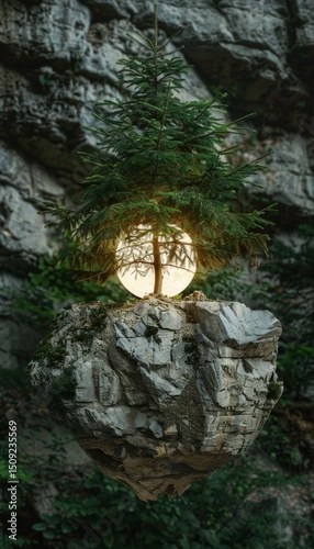 Boulders in orbit surrounding a luminous tree  a stunning visual of nature s magic