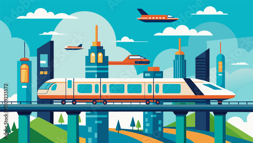 A futuristic skytrain system linking different cities replacing traditional highspeed trains and reducing travel time and carbon emissions.. Vector illustration