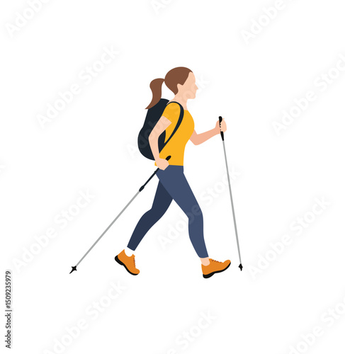 Woman hiking with backpack and trekking poles