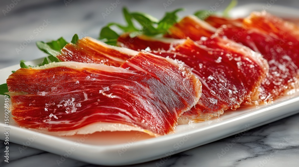 Obraz premium Elegant presentation of Jamon Serrano from Teruel on a minimalist white dish