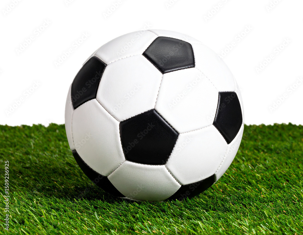 Fototapeta premium Classic black and white soccer ball resting on green turf, clean isolated Transparent PNG