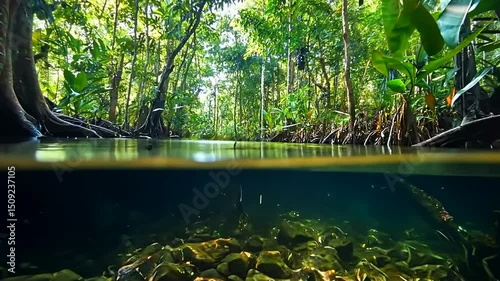 Mangrove forest waterway split view