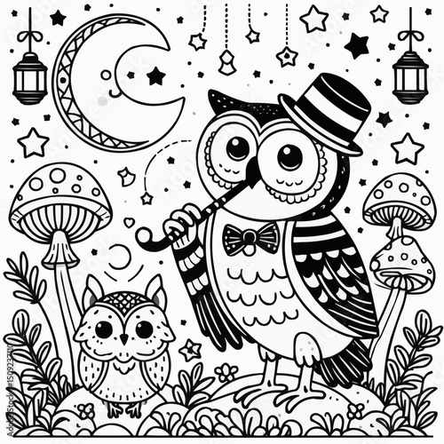 Owl in a dapper hat plays a pipe under a crescent moon in a whimsical forest at night