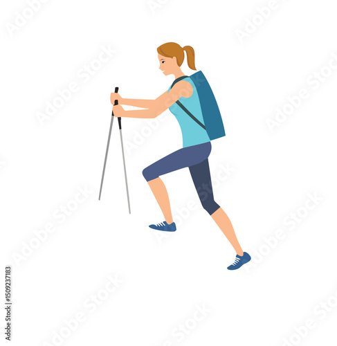 Woman hiking with backpack and trekking poles