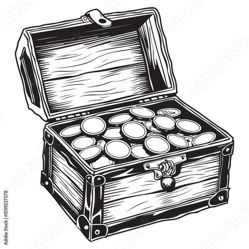 Open Treasure Chest Filled with Coins in Detailed Silhouette Vector illustration isolated white background