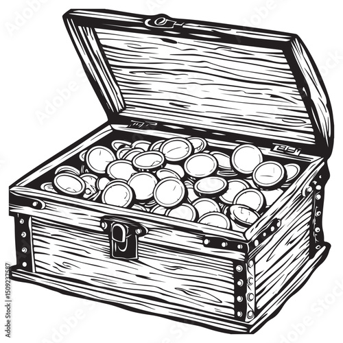 Open Treasure Chest Filled with Coins in Detailed Silhouette Vector illustration isolated white background