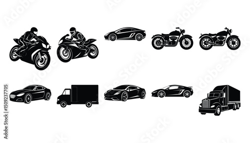 Black silhouettes of motorcycles cars and trucks representing transportation and vehicle concepts