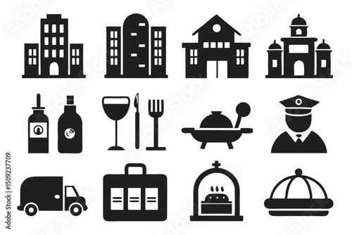 Vector illustrations featuring various buildings and restaurant elements in simple black icons