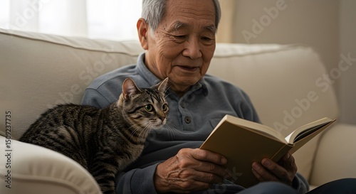 Elderly Asian man reading on couch with tabby cat curled beside him, warm ambient lighting, 50mm lens, soft focus.