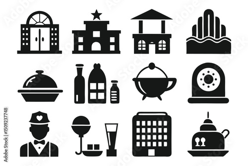 Simple vector illustrations featuring elements of hotels restaurants and service industries