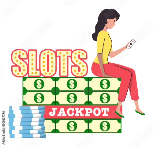 Cartoon Color Character Girl with Chips and Money Stacks Casino Concept Flat Design Style and Line Elements. Vector illustration