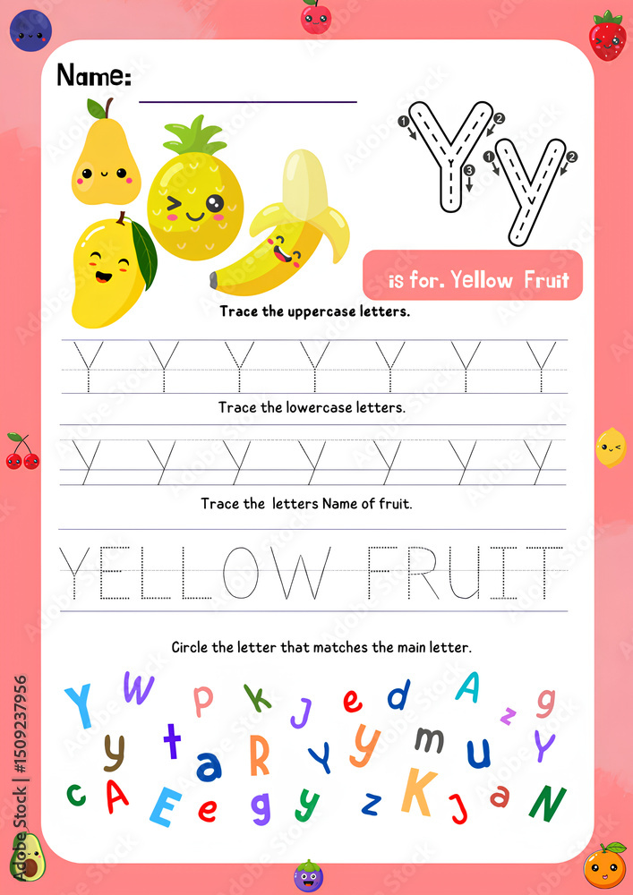 Obraz premium Back to school fruit themed vector design card with cute fruits and handwritten ABC letters