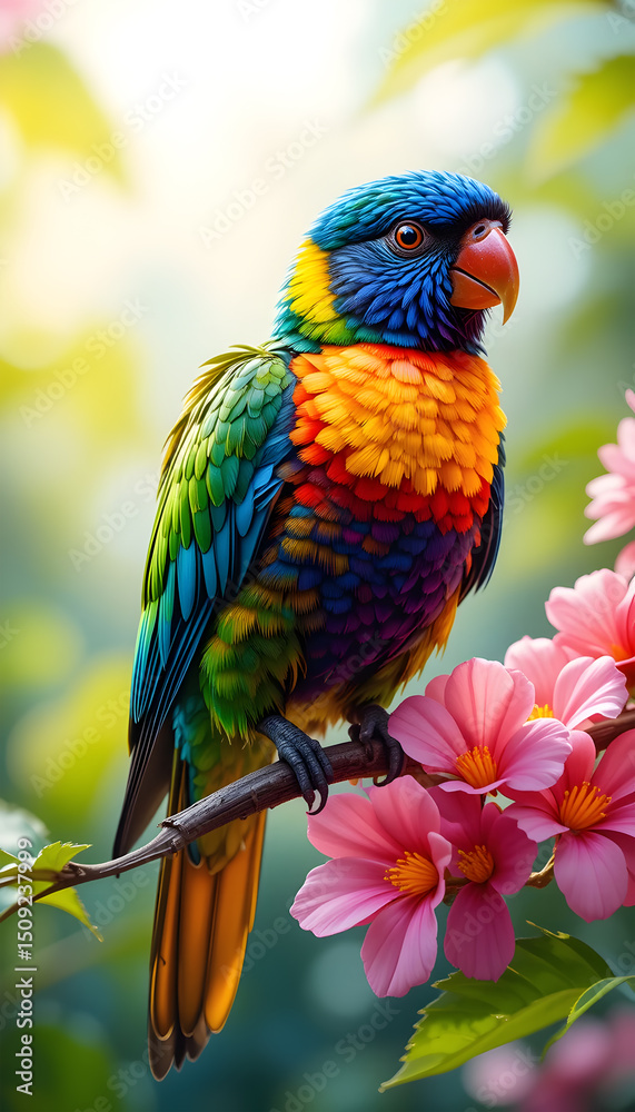 Fototapeta premium Vibrant Rainbow Lorikeet Perched on Blossoming Branch