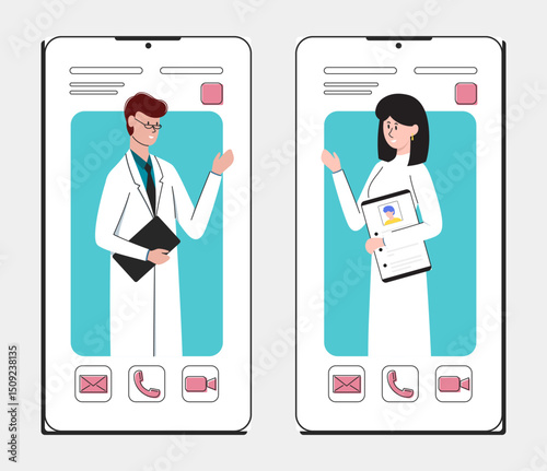 Cartoon Color Characters People Female and Male Doctor Online App Service Concept Flat Design Style and Line Elements. Vector illustration