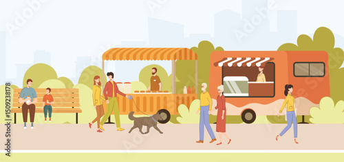 Cartoon Color Characters People and Food Truck Festival in Park Landscape Scene Concept Flat Design Style. Vector illustration