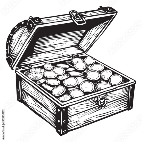 Open Treasure Chest Filled with Coins in Detailed Silhouette Vector illustration isolated white background
