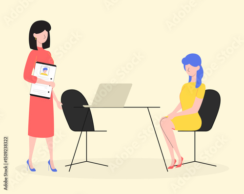 Cartoon Color Characters People Meeting and Hr Agency Concept Flat Design Style and Line Elements. Vector illustration of Candidate
