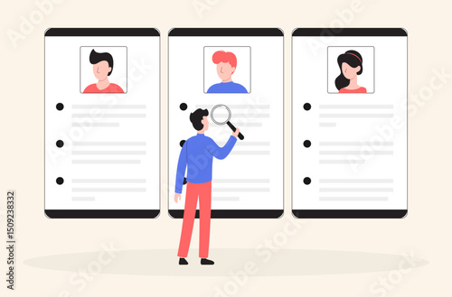 Cartoon Color Character Man and Hr Agency Search Concept Flat Design Style and Line Elements. Vector illustration of Resume