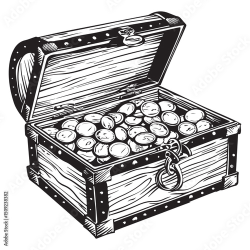 Open Treasure Chest Filled with Coins in Detailed Silhouette Vector illustration isolated white background