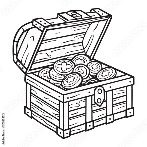 Open Treasure Chest Filled with Coins in Detailed Silhouette Vector illustration isolated white background